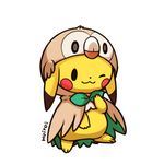  ambiguous_gender avian beak bird black_eyes bow_tie button_(disambiguation) costume cute dipstick_ears feral fur huiro mammal nintendo owl pikachu pok&eacute;mon red_cheeks rowlet simple_background video_games white_background yellow_fur 