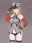 adjusting_clothes adjusting_hat anchor_hair_ornament armpits bare_shoulders bismarck_(kantai_collection) black_gloves black_panties blonde_hair blue_eyes blush breastplate breasts closed_mouth cold_(hoshinoskull) commentary_request cowboy_shot detached_sleeves gloves grey_background grey_legwear hair_ornament hand_on_hip hat kantai_collection large_breasts long_hair looking_at_viewer military military_hat military_uniform navel no_pants panties peaked_cap side-tie_panties sidelocks smile solo swastika thighhighs underwear uniform 