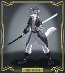  belt blue_eyes boots canine clothing duster_coat fangs footwear hair invalid_tag jedi kanj&#039;isha lightsaber longcoat mammal melee_weapon polearm silver_hair simple_background staff star_wars teeth text valy_j._thunderbeast weapon wolf 