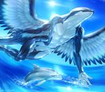  2016 5_fingers anthro armpits blue_eyes cetacean day dolphin duo equus feathered_wings feathers feral flying mammal marine nude orca outside sun water whale wide_hips wings 