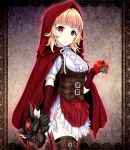  1girl apple black_legwear blonde_hair brown_legwear chestnut_mouth corset cross-laced_clothes elbow_gloves fingerless_gloves food frills fruit gears gloves highres holding holding_food holding_fruit looking_at_viewer mask mask_removed original red_eyes red_gloves red_hood red_robe short_sleeves solo standing thighhighs tk8d32 wolf_mask 