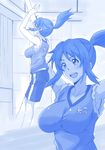  armpits arms_up bangs basketball_uniform blue blush breasts cleavage commentary eyebrows eyebrows_visible_through_hair getsuyoubi_no_tawawa himura_kiseki_(style) impossible_clothes jersey jumping kimi_no_na_wa large_breasts miyamizu_mitsuha monochrome multiple_views no_bra open_mouth parody personality_switch ponpon ponytail shorts sportswear stadium style_parody tachibana_taki teeth 