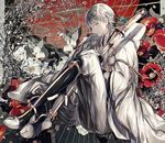  abandon_ranka camellia flower highres hood japanese_clothes katana male_focus petals sitting smile solo sword touken_ranbu tsurumaru_kuninaga weapon white_hair yellow_eyes 