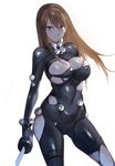  bad_id bad_pixiv_id bangs black_bodysuit blush bodysuit breasts broken broken_sword broken_weapon brown_hair cleavage closed_mouth contrapposto covered_navel covered_nipples cowboy_shot gantz gantz_suit hair_between_eyes holding holding_sword holding_weapon large_breasts legs_apart liquid long_hair looking_at_viewer shimohira_reika simple_background skin_tight skindentation solo standing sweat sword torn_bodysuit torn_clothes weapon white_background yostxxx 