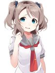  alternate_hairstyle blue_eyes brown_hair grey_hair hair_twirling head_tilt highres looking_at_viewer love_live! love_live!_sunshine!! neckerchief open_mouth school_uniform scrunchie serafuku short_hair short_sleeves simple_background solo sweatdrop tie_clip totoki86 two_side_up upper_body uranohoshi_school_uniform watanabe_you white_background 