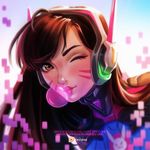  ;) asymmetrical_bangs bangs brown_eyes brown_hair bubble_blowing chewing_gum d.va_(overwatch) facial_mark headphones highres jpeg_artifacts lips long_hair looking_at_viewer nose olga_solovian one_eye_closed overwatch pixelated smile solo whisker_markings 