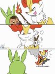  braixen canine chespin comic fire flat_colors grin mammal nintendo ouch pain pok&eacute;mon pseudo_clothing rodent running scared size_difference smug stick uhoh video_games winick-lim 