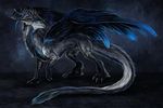 ambiguous_gender black_fur blue_eyes blue_feathers claws curved_horn digital_media_(artwork) dragon feathered_dragon feathers fur furred_dragon grey_fur horn isvoc ridged_horn simple_background solo standing 