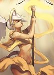  alternate_hair_color breasts brown_background closed_eyes cowboy_shot from_side high_ponytail highres holding holding_staff light_rays lips looking_up mechanical_halo mercy_(overwatch) naked_ribbon no_wings nose overwatch profile ribbon small_breasts smile solo staff vins-mousseux white_hair 
