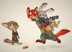  2016 absurd_res anthro barefoot brown_eyes canine carrying clothed clothing collar confusion disney female finnick fox green_eyes group hi_res holding_object holding_weapon judy_hopps lagomorph male mammal monoflax nick_wilde purple_eyes rabbit running simple_background taser weapon white_background zistopia zootopia 