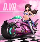  adapted_costume animal_print bangs bare_shoulders black_gloves blue_bra blue_pants boots bra breasts brown_eyes brown_hair bunny_print character_name checkered checkered_floor cleavage closed_mouth clothes_removed clothes_writing d.va_(overwatch) eyelashes facial_mark floating_hair gloves glowing goomrrat groin ground_vehicle hand_on_hip headphones long_hair looking_at_viewer medium_breasts meka_(overwatch) motor_vehicle motorcycle navel no_shirt on_motorcycle overwatch pants pink_background riding solo stomach swept_bangs thigh_boots thighhighs underwear whisker_markings white_footwear 
