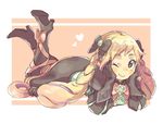  aisutabetao black_bow black_gloves blonde_hair boots bow elise_(fire_emblem_if) fire_emblem fire_emblem_if flower full_body gloves hair_bow hair_ribbon hairband heart high_heel_boots high_heels legs_up long_hair looking_at_viewer lying on_stomach one_eye_closed purple_eyes ribbon rose smile solo twintails white_flower white_rose 