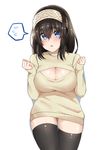  absurdres ass_visible_through_thighs black_hair blue_eyes blush breasts curvy forearms_at_chest hairband highres idolmaster idolmaster_cinderella_girls large_breasts long_hair meme_attire no_panties open-chest_sweater ribbed_sweater sagisawa_fumika solo spicy_moo spoken_sweatdrop sweatdrop sweater thigh_gap thighhighs 