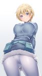  belt_pouch blonde_hair blue_eyes blush brave_witches breasts closed_mouth crotch_seam from_below fur_trim large_breasts long_sleeves looking_at_viewer looking_down nikka_edvardine_katajainen pantyhose pouch ribbed_sweater short_hair simple_background smile solo sweater tomohiro_kai world_witches_series 