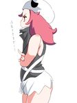  ass bandana bare_arms crossed_arms flat_ass hat highres long_hair myouji_namawe open_mouth pink_eyes pink_hair pokemon pokemon_(game) pokemon_sm shirt short_shorts shorts simple_background skull skull_hat sleeveless sleeveless_shirt solo standing team_skull team_skull_grunt text_focus translation_request white_background white_shorts 