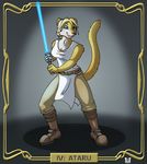  beads belt blonde_hair blue_eyes boots breasts cat cleavage clothed clothing cougar cybernetics fangs feline footwear fur hair invalid_tag jedi lightsaber machine mammal melee_weapon robes science_fiction simple_background star_wars teeth text trianii valy_j._thunderbeast weapon yellow_fur 