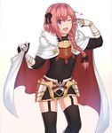  ;d astolfo_(fate) black_bow black_dress black_legwear black_panties bloom blush bow braid cape cold_(hoshinoskull) cowboy_shot dress eyebrows eyebrows_visible_through_hair fang fate/apocrypha fate/grand_order fate_(series) garter_straps gauntlets hair_bow hair_over_shoulder heart long_hair long_sleeves looking_at_viewer male_focus one_eye_closed open_mouth otoko_no_ko panties pantyshot pantyshot_(standing) pink_hair purple_eyes short_dress single_braid smile solo standing thighhighs underwear v-shaped_eyebrows v_over_eye white_background 