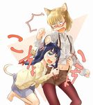  2girls :d anger_vein angry animal_ears aqua_eyes barefoot black_hair blonde_hair cat_ears cat_tail clenched_hands commentary_request eyebrows glasses hair_ornament hair_ribbon hairclip jacket kasai_jushi long_hair midriff mouse_ears mouse_tail multiple_girls navel open_clothes open_jacket open_mouth original pantyhose ponytail red_eyes red_legwear ribbon semi-rimless_eyewear shirt shirt_lift shorts simple_background skirt smile standing standing_on_one_leg suspenders tail thick_eyebrows under-rim_eyewear white_background 