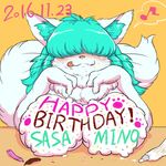  artist_request borrowed_character breasts cat eye_covering furry happy_birthday long_hair teal_hair 