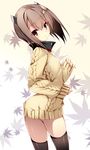  alternate_costume aran_sweater arched_back arms_at_sides brown_eyes brown_hair gradient gradient_background head_tilt headband kantai_collection kobayashi_chisato leaf leaf_background looking_at_viewer looking_back maple_leaf open_mouth short_hair sleeves_past_wrists solo sweater taihou_(kantai_collection) thighhighs thighs 