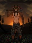  anthro axe blood brown_hair brown_nose clothed clothing detailed_background feline green_eyes hair holding_object holding_weapon jewelry lion looking_at_viewer male mammal melee_weapon midriff navel necklace robyn_paperdoll smile solo standing topless weapon 