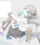  animal black_legwear blue_eyes chair flat_color food fuyuno_haruaki game_console grey_hair handheld_game_console headphones long_hair looking_at_viewer nes original playstation_controller playstation_vita pleated_skirt popsicle school_uniform serafuku sitting skirt thighhighs wii_u 