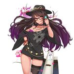  belly_chain black-framed_eyewear black_hair bra bracelet braid breasts casual choker deneb_(noble324) dress flower glasses hanasaki_tomoyo_(uchi_no_hime-sama) hand_on_hip hat headset iris_(flower) jewelry large_breasts long_hair looking_at_viewer necklace off_shoulder purple_bra red_eyes short_dress single_thighhigh skindentation smile solo tan thighhighs torn_clothes torn_legwear transparent_background uchi_no_hime-sama_ga_ichiban_kawaii underwear 