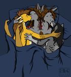  arakaraath bed canine conjoined dragon horn kissing male male/male mammal multi_head pillow wings wolf 