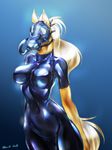  2016 anthro blonde_hair blue_background equine equus female fur gas_mask hair horse mammal mask navel orange_fur rubber simple_background solo standing wide_hips 