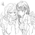  2girls cardigan coppelion covered_mouth greyscale monochrome multiple_girls naruse_ibara necktie ozu_kanon penki scarf scarf_over_mouth shared_scarf sketch 