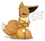  2016 anthro blush breasts canine eevee english_text female fluffy fluffy_tail fur humanoid looking_at_viewer mammal nintendo nude pok&eacute;mon sandwich-anomaly simple_background sitting solo text video_games 