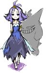  :3 acerola_(pokemon) antenna_hair armlet arms_behind_back bangs closed_mouth collarbone dress elite_four flipped_hair full_body gen_1_pokemon gengar hair_ornament highres looking_at_viewer pokemon pokemon_(creature) pokemon_(game) pokemon_sm purple_dress purple_eyes purple_hair sandals shadow short_hair short_sleeves signature simple_background smile solo standing topknot torn_clothes torn_dress trial_captain tsukikage_muntosu white_background 