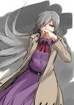  bow bowtie brown_jacket covering_mouth dress feathered_wings grey_hair grey_wings hair_over_one_eye hand_over_own_mouth highres jacket kishin_sagume m92fs open_clothes open_jacket purple_dress red_eyes single_wing solo touhou wings 