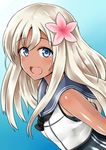  :d blue_background blue_eyes flower gradient gradient_background hair_flower hair_ornament highres kamelie kantai_collection long_hair looking_at_viewer one-piece_swimsuit open_mouth ro-500_(kantai_collection) school_swimsuit school_uniform serafuku silver_hair simple_background smile solo swimsuit swimsuit_under_clothes tan tanline 