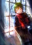  :d akiyama_hayato bad_id bad_twitter_id blush breath brown_gloves closed_eyes coat curtains double-breasted gloves green_hair hand_in_pocket idolmaster idolmaster_side-m lens_flare male_focus open_mouth scarf shigaraki_(strobe_blue) smile snow solo transparent tree_branch window winter_clothes winter_coat 