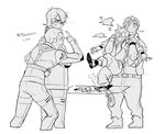  3boys anger_vein angry boots crying glasses gloves goggles goggles_on_head greyscale highres hunk_(voltron) hyakujuu-ou_golion jumpsuit keith_(voltron) korean lance_(voltron) looking_at_another monochrome multiple_boys pidge_gunderson pointing restrained reverse_trap short_hair sonnet_form streaming_tears table tears translation_request voltron:_legendary_defender wavy_mouth 