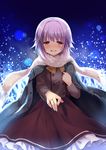  :d blush brown_eyes fummy hair_ornament hairclip idolmaster idolmaster_cinderella_girls jacket_on_shoulders jewelry koshimizu_sachiko looking_at_viewer open_mouth outstretched_arm purple_hair ring scarf school_uniform short_hair smile solo tears 