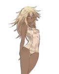  arms_behind_back blush breasts dark_skin guilty_gear guilty_gear_xrd long_hair looking_at_viewer navel one-piece_swimsuit oro_(sumakaita) ramlethal_valentine small_breasts solo swimsuit white_background white_hair yellow_eyes 