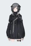  belt black_jacket commentary frown grey_background grey_eyes grey_hair headgear holster jacket light_frown looking_at_viewer neco original science_fiction short_hair simple_background sleeves_past_wrists solo strap thigh_holster 