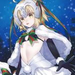  angry bell bikini_top blush citron_82 fate/grand_order fate_(series) flat_chest gloves hair_ornament jeanne_d'arc_(fate)_(all) jeanne_d'arc_alter_santa_lily looking_at_viewer navel night santa_costume short_hair snow solo tongue tongue_out white_background white_hair white_santa_costume yellow_eyes 