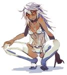  ass blush breasts dark_skin full_body guilty_gear guilty_gear_xrd lingerie long_hair looking_at_viewer open_mouth oro_(sumakaita) panties ramlethal_valentine shaded_face small_breasts solo thighhighs underwear white_background white_hair white_legwear white_panties yellow_eyes 