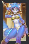  2016 anthro armor armpits blue_fur blue_hair canine claws female fox fur green_eyes hair holding_object holding_weapon jewelry krystal looking_at_viewer mammal miles_df navel nintendo smile solo staff star_fox video_games weapon 