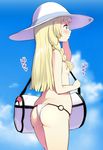  ass bag bikini bikini_bottom blonde_hair braid breasts cloud day duffel_bag green_eyes hair_censor hair_over_breasts hat lillie_(pokemon) long_hair noripachi o-ring o-ring_bottom pokemon pokemon_(game) pokemon_sm profile skindentation sky small_breasts solo standing sun_hat swimsuit topless twin_braids white_bikini 