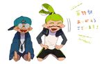  backwards_hat bad_id bad_tumblr_id baseball_cap bike_shorts blue_hair blush_stickers bow closed_eyes coke-bottle_glasses domino_mask fangs glasses green_hair hanten_(clothes) hat headphones headphones_around_neck inkling katou_(osoraku) kobushime_(sorobochi) long_sleeves mask monjiro_(sorobochi) multiple_boys raglan_sleeves seiza shorts simple_background sitting smile splatoon_(series) splatoon_1 tentacle_hair thank_you topknot white_background 