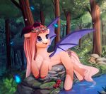  animated curved_horn detailed_background fan_character female feral forest hooves horn lying mammal membranous_wings my_little_pony no_sound nude open_mouth purple-eyes rock rodrigues404 smile solo tognue tree water wings 