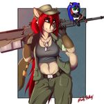  5_fingers amber_eyes anthro belt black-husky breasts brown_nose canine chest_tuft cleavage clothed clothing dog_tags doll ear_piercing eyebrows eyelashes female fingerless_gloves fur gloves grey_nose gun hair hat holding_object holding_weapon long_hair looking_at_viewer mammal midriff military navel piercing ranged_weapon red_hair signature simple_background smile solo tuft weapon white_background wolf 