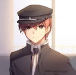  alternate_costume angel_beats! artist_name black_hat brown_eyes brown_hair gakuran hat light_smile male_focus necktie otonashi_(angel_beats!) remotaro school_uniform solo upper_body 