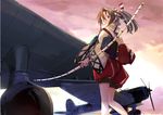  aircraft airplane bow_(weapon) brown_eyes brown_hair d3a from_below frown headband high_ponytail kantai_collection long_sleeves looking_back solo sunrise takeshima_satoshi weapon wide_sleeves zuihou_(kantai_collection) 