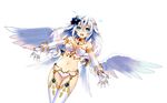  angel_wings aqua_eyes bare_shoulders black_heart breasts cleavage collar elbow_gloves flower four_goddesses_online:_cyber_dimension_neptune gloves hair_flower hair_ornament halo jewelry long_hair looking_at_viewer medium_breasts midriff navel neptune_(series) official_art open_mouth outstretched_arms power_symbol simple_background smile solo thighhighs tsunako white_background white_hair wings 