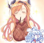  :d ahoge bare_shoulders blush breasts closed_eyes food food_in_mouth granblue_fantasy hairband headgear imagining incoming_pocky_kiss large_breasts long_hair mouth_hold multiple_girls nose_blush okitakung open_mouth orange_hair pocky sidelocks silva_(granblue_fantasy) smile song_(granblue_fantasy) sparkle steaming_body upper_body yuri 
